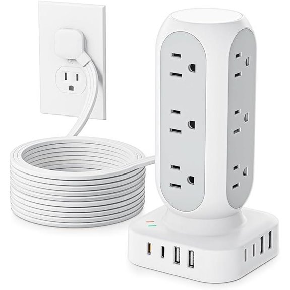 Flat Plug Power Strip Tower with USB and AC Outlets