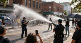 Police blast water cannons at protesters amid unrest over stabbing in Belfast